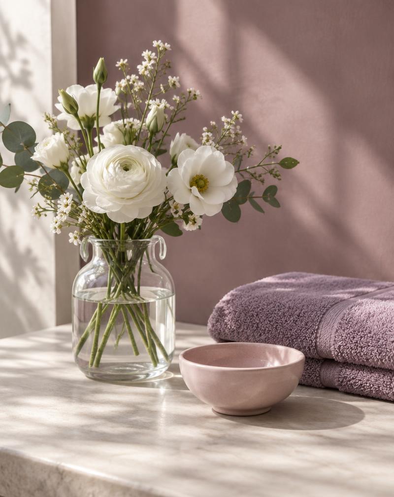 Flores blancas junto a una toalla malva y un recipiente rosa